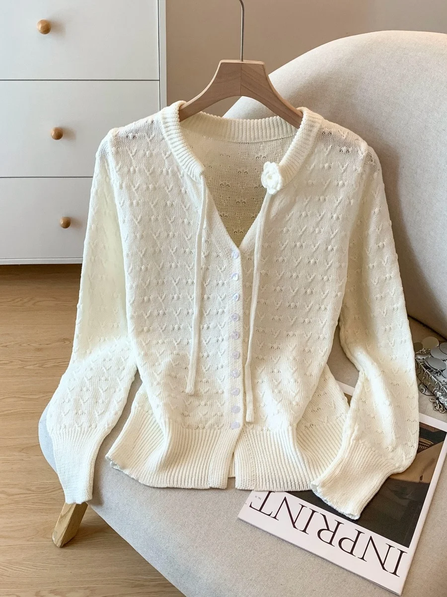 

Korean Sle Long Sve Hollow out Knitted Sweater Women's Slim Fit Soft Cozy Cardigan Ele Outerwear for Autumn Winter