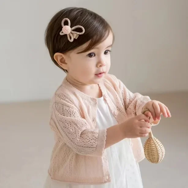 Infant Baby Girl Sweet Cardigan Solid Round Neck Long Sleeve Knitted Coat Spring Summer Button-Down Sunscreen Outerwear 0-3T