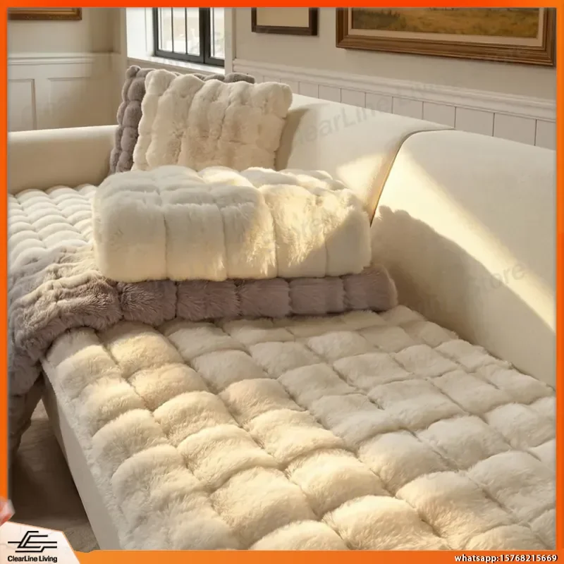 Thick Fluffy Faux Rabbit Fur Sofa Cover Plush Non Slip Couch Cover for Living Room White Sofa Pad Cushion Home Decor
