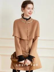 LOUIS YAO 2024 Winter Wool Blend Double-sided Woolen Coat Fashionable Cape Shawl Medium To Long Length Coat for Women