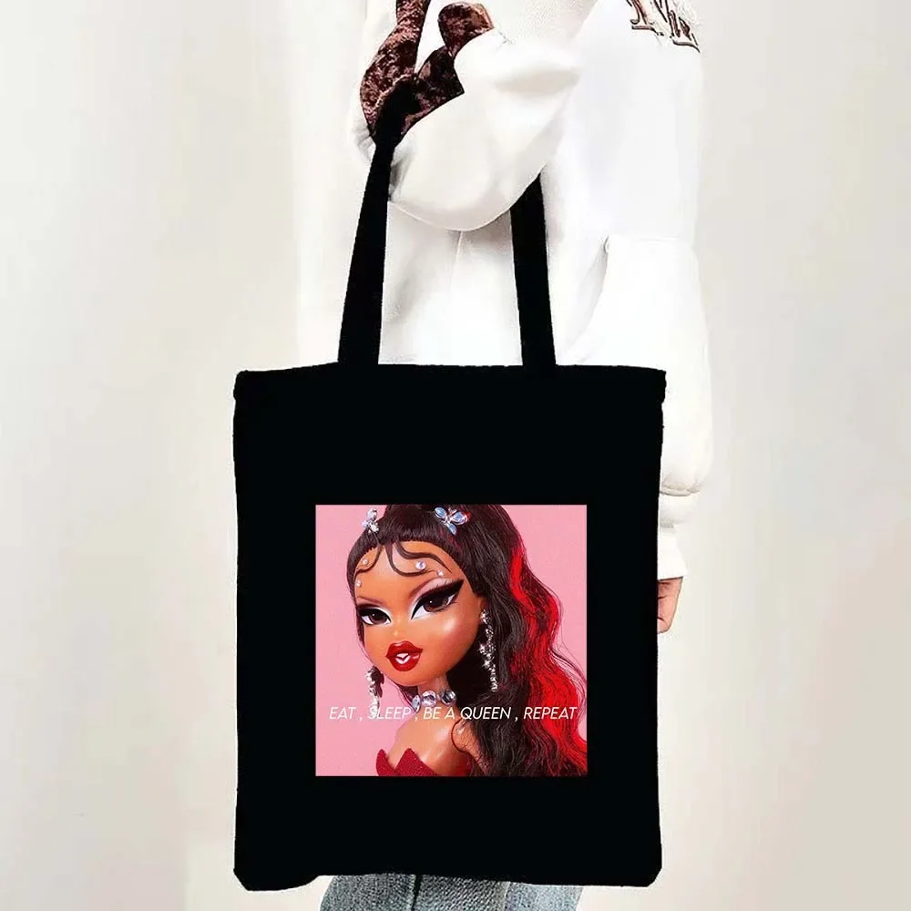 Sexy Lovely Cute Babygirl Bratz Doll Pink Girlz Cartoon Girl Women Shoulder Shopper Shopping Canvas Tote Bag Female Lady Handbag