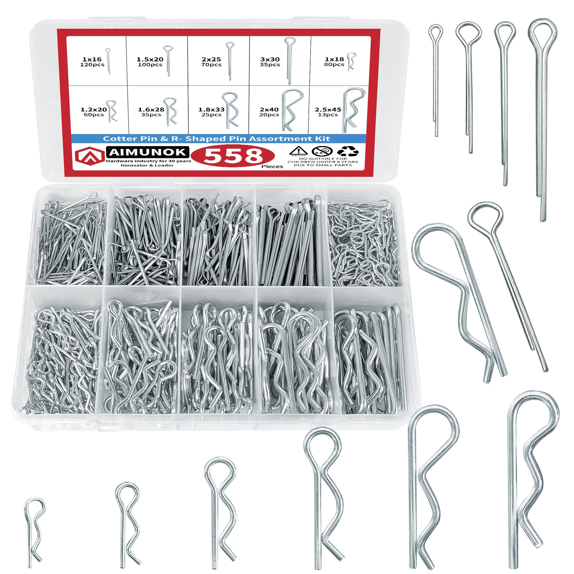 AliExpress AIMUNOK 558pcs Cotter & R-Pin Kit - Premium Rustproof Alloy, Multi-Size for Bike/Car/Lawn Mower/Power Equipment Repair - 30/50PCS Bulk