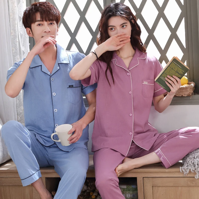 

Cotton Hemp Pajamas Couple Suit Summer Simple Cardigan Short Sleeve Trousers 2PCS Men and Women Loose Casual Home Wear