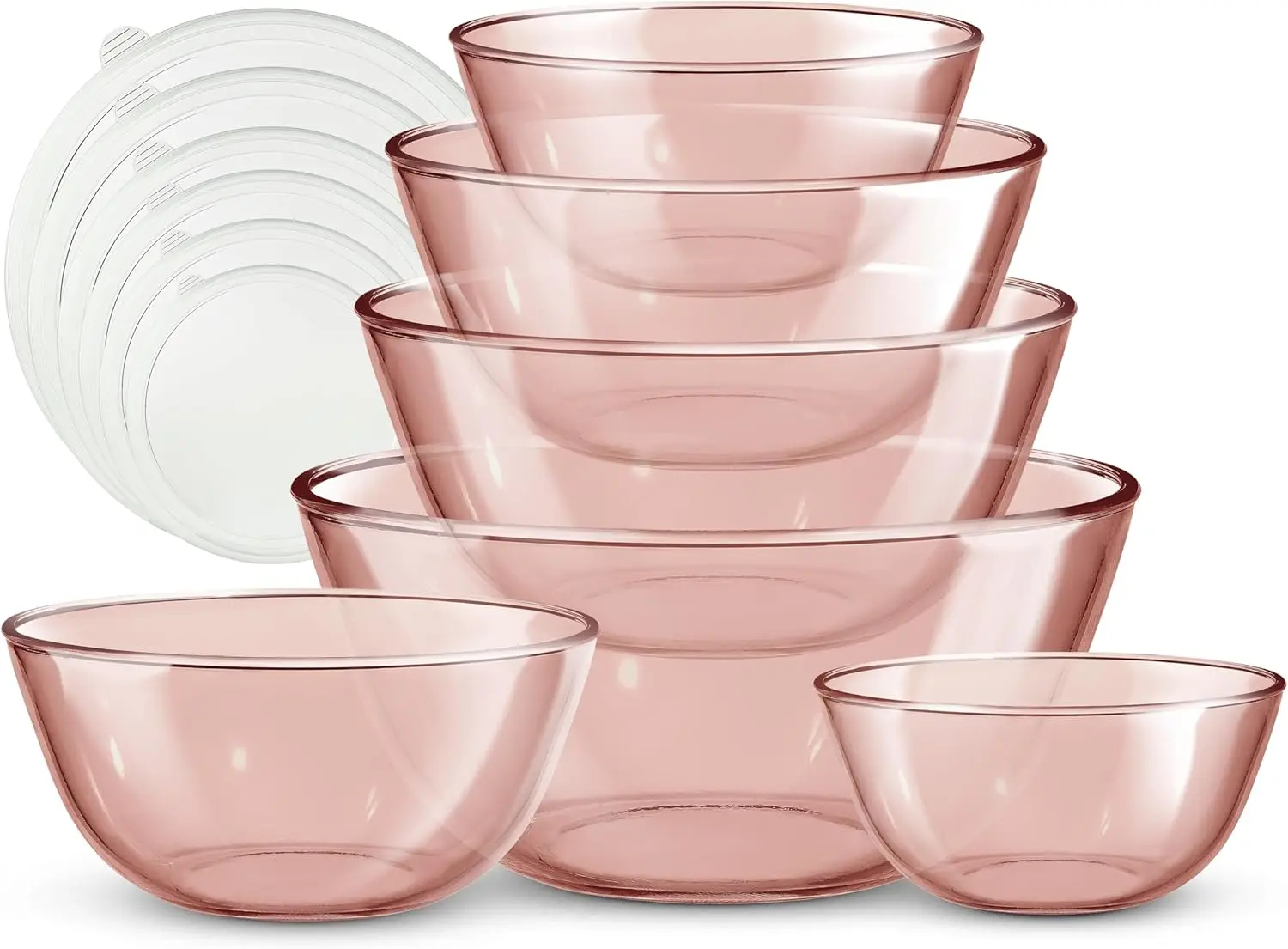 

12 Pc Glass Mixing Bowl Set with Lids – Borosilicate Glass Nesting Bowls for Cooking, Baking and Meal Prep, Colored Pink