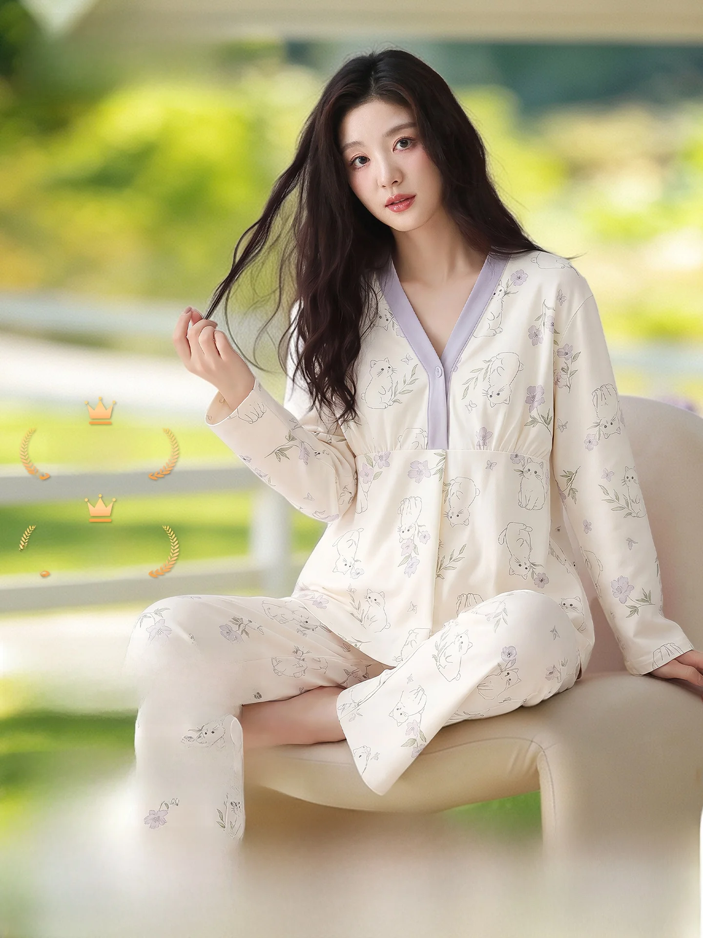 summer-thin-cotton-sleepwear-maternity-nightgown-with-chest-pad-home-clothes-nursing-dress-breathable-soft-long-sleeve-v-neck