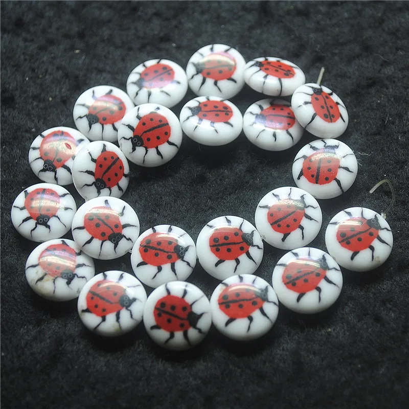 22PCS 14MM New Glass Beads Strings Red Bugs Coin Shape DIY Jewelry Accessories For Women Necklace Making Parts