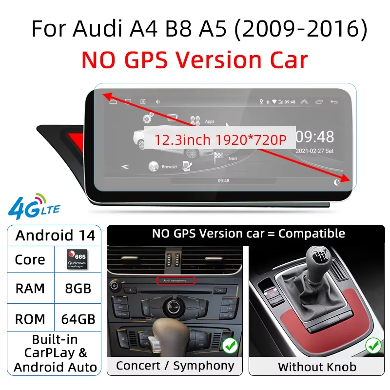 Android 14 Auto CarPlay Draadloze Voor Audi A4 B8 A5 8K 2008 ~ 2016 MMI Auto Multimedia Speler GPS WiFi DSP