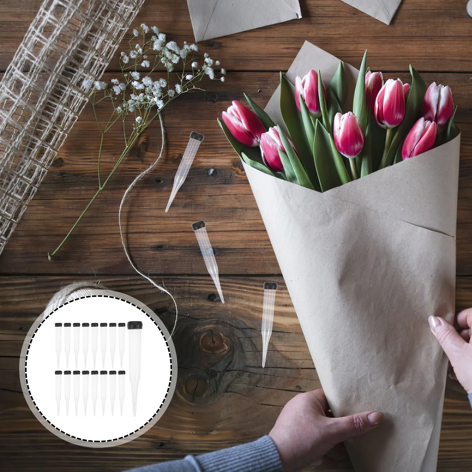 50Pcs Clear Plastic Flower Stem Water Tubes Floral Water Vials with Lids for Fresh Flower Arrangements Rose Carnations