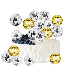 12pcs Mirror Ball Cake Decoration Disco 70's 80 Retro Dance Disco Silver Golden Cake Topper Cupcake Birthday Party Club Supplies