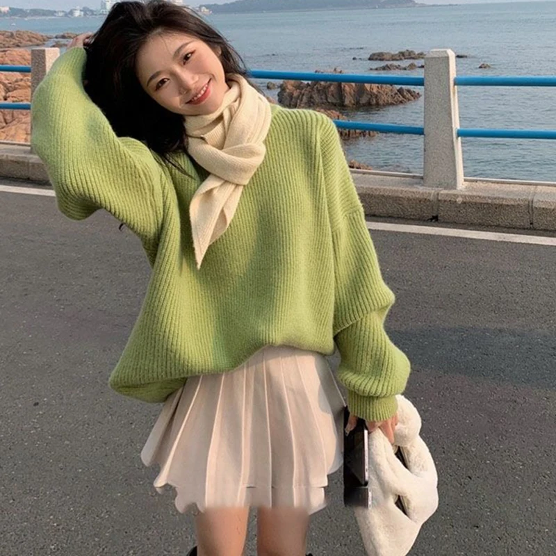 

Sweet O-Neck Knitted Solid Color Sweaters Female Clothing 2024 Autumn Winter New Loose Korean Pullovers Young Style Tops