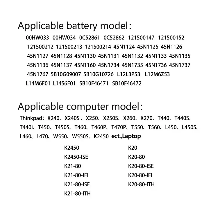 Original Replacement Battery For Lenovo Thinkpad X240 X250 X260 X270 T440 T450S T460 K2450 L470 L460 T440S 45N1136 K20/K21-80