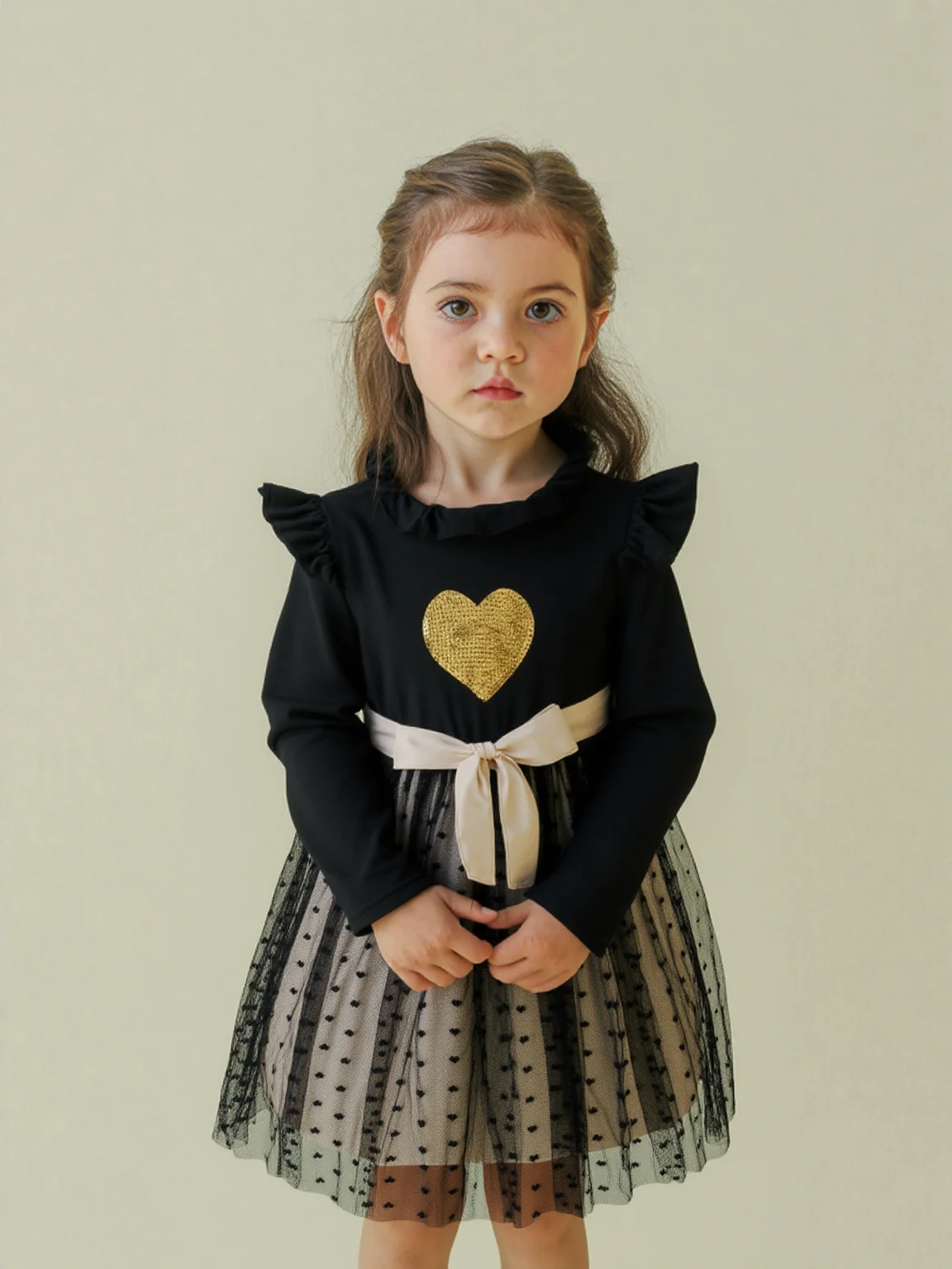 Frühling Und Herbst Mädchen Koreanische Rundhals Langarm Liebe Glitter Puff Rock Mesh Spleißen Prinzessin Kleid