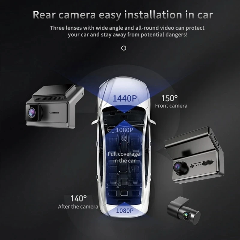 3cameras Car DVR Dash Cam 2K WIFI Parking monitor Auto Mobile APP LCD 1440P night vision front inside rear big angle