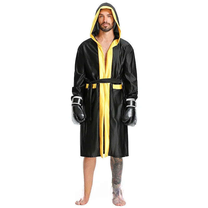 

loween Adult Men's Cosplay Boxer Game Costume Bla Hooded Jaet Robe Sports orts Polyester Spring Faion Ethnic Wear