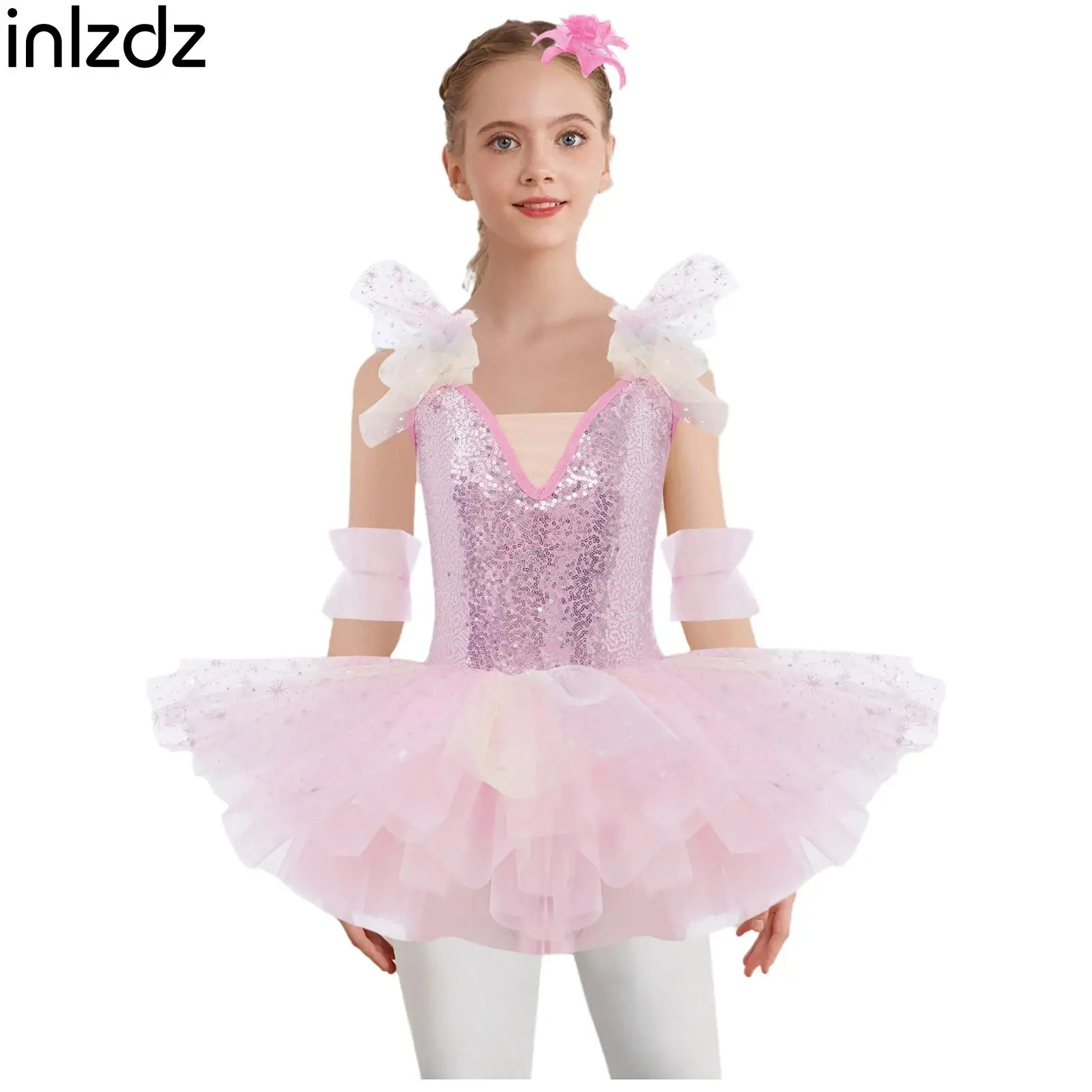

Child Girls Sequins Ballet Tutu Dress Ruffled Sleeves Tulle Vestido Party Dance Stage Performance Costume Princess Party Dress