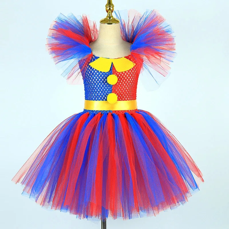 Сине-красный клоун Pomni, костюмы для девочек, карнавальная пачка на Хэллоуин, наряд для детей, удивительная цифровая цирковая нарядная одежда