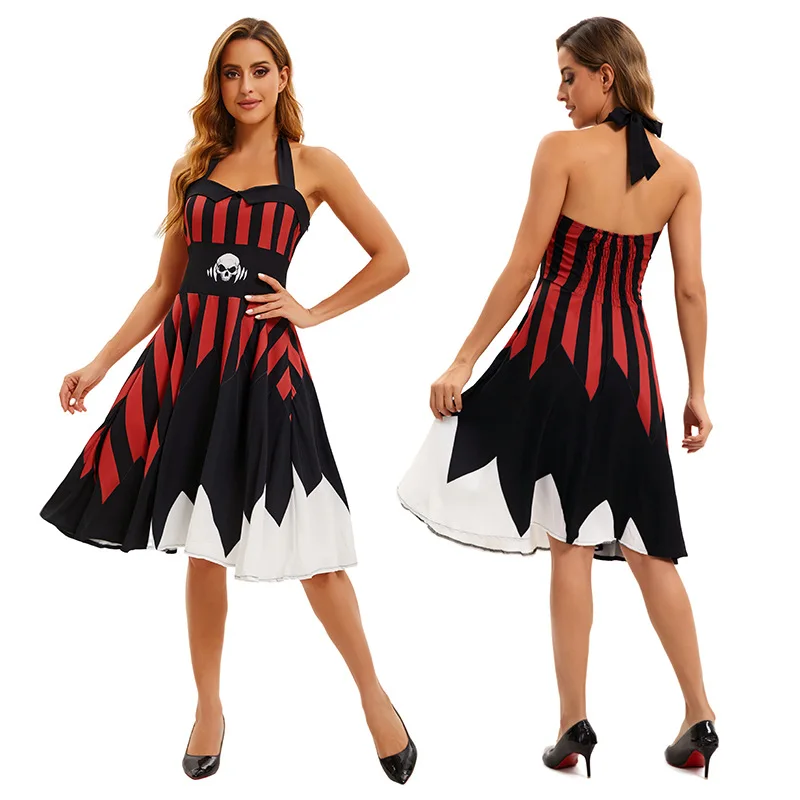 

2025 New Women's Halloween Printed Dress Cross Border Fashion Suspender Costume for Stage Performance Party Costume Printed