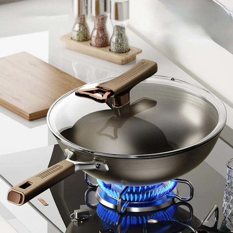 Double sided titanium shield non stick pan Household  induction cooker titanium stainless steel flat bottomed wok cookware