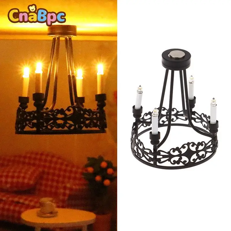 1:12 Dollhouse Miniature LED Light Wall Lamp Black Four-head Round Chandelier Furniture Model Dollhouse Home Lighting Decor Toy