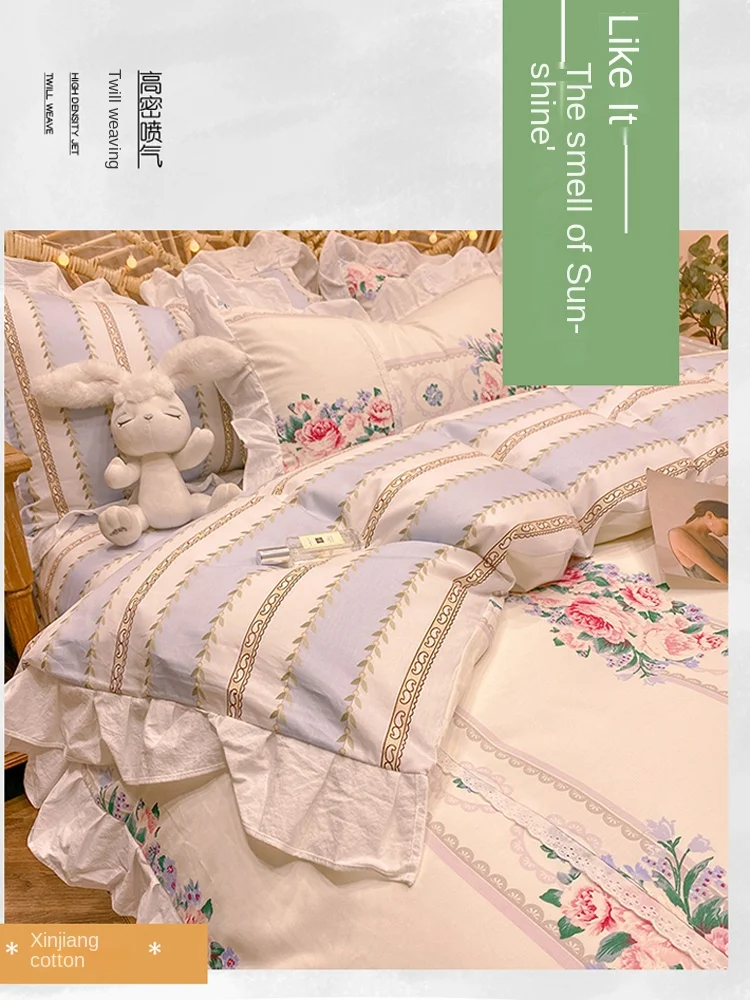 Four-Piece Set Household Pure Cotton Ruffled Flower Embroidery Color Printing Dyeing Bed Sheet Three-Piece Set 1.8M Fitted Sheet