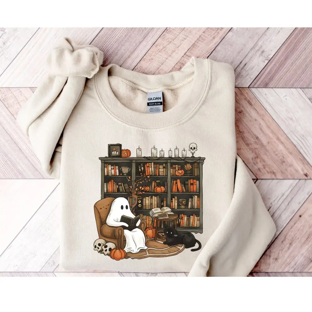 Ghost Reading Books Sweatshirt,Librarian Ghost Halloween,Fall Halloween Sweatshirts,Halloween Pumpkin Pullover,Teachers Gift