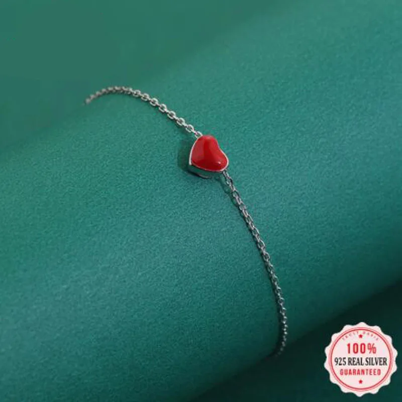 925 Sterling Silver Red Enamel Hearts Layers Chain Bracelet for Women Geometric Lobster Lock Bracelet Fine Jewelry