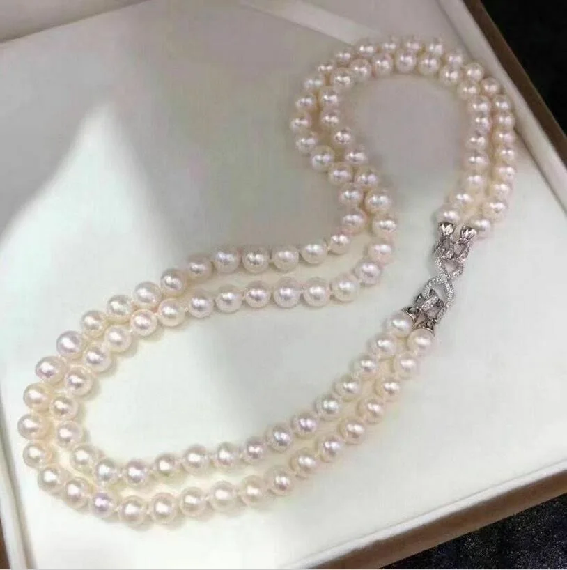 

18 inch double chain AAA++7-8mm natural Akoya white pearl necklace 925S