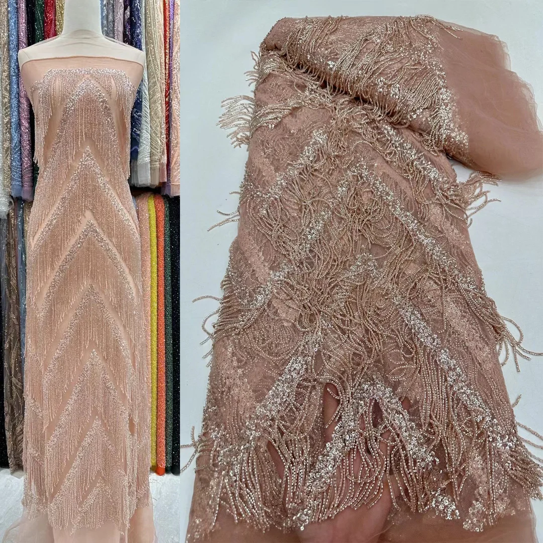 

(5yards/pc) High grade sequins embroidered African beads tassel lace 2024 newest wedding French net lace for party dress FRX202