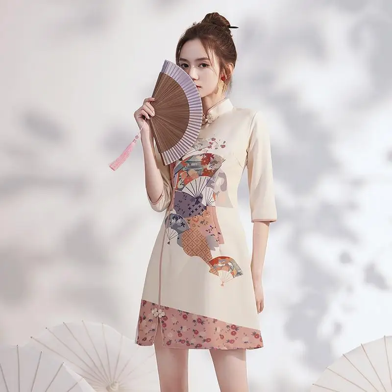 White Chinese National Cheongsam Summer Fan Pattern Dress Handmade Button Elegant Retro Women Sexy Short Qipao