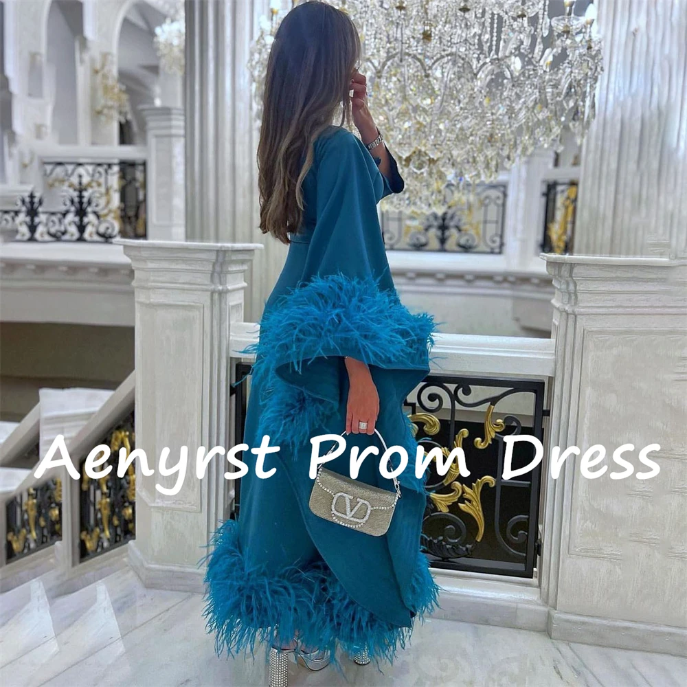 Aenyrst Blue Feathers Diagonal Collar Prom Dresses Long Sleeves A Line Evening Gowns customized Tea Length Formal Occasion Dress