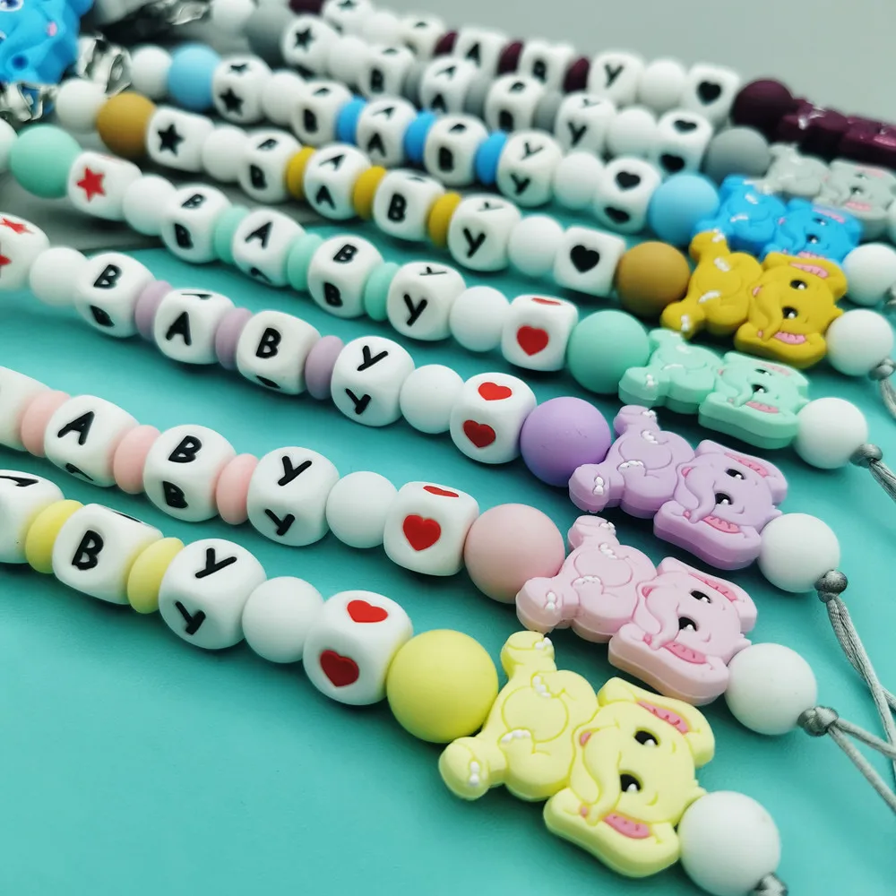 Customized English Russian Silicone Letter Name Baby Silicone Pendant Pacifier Clip Chains Teether Baby Pacifier Kawaii Toy Gift