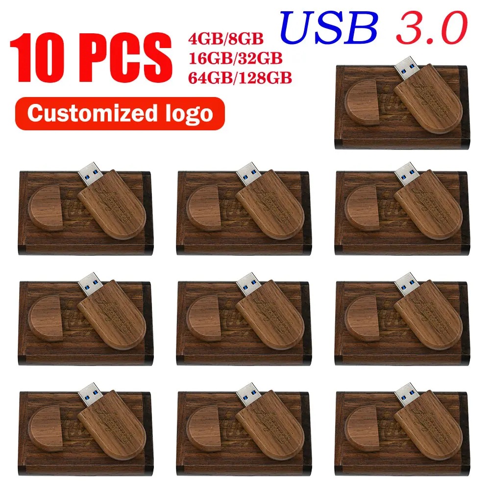 10PCS Free Custom Logo USB 3.0 Flash Drive 128GB Creative Business Gift Memory Stick Wood Box Pen Drive 64GB High Speed Pendrive