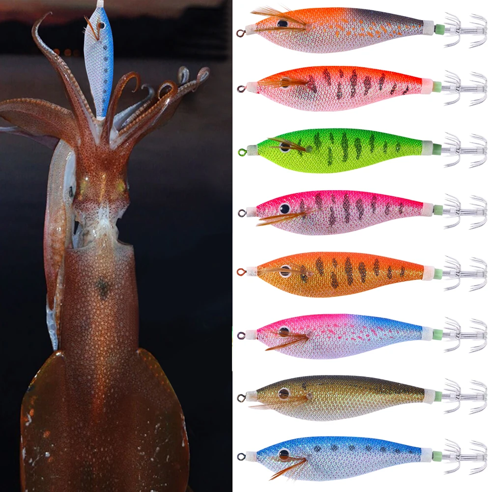 Glowing Horizontal Squid Trolling Lure Artificial Squid Jigging Eging Wood Shrimp Hooks Octopus Bait Cuttlefish Bait for Fishing