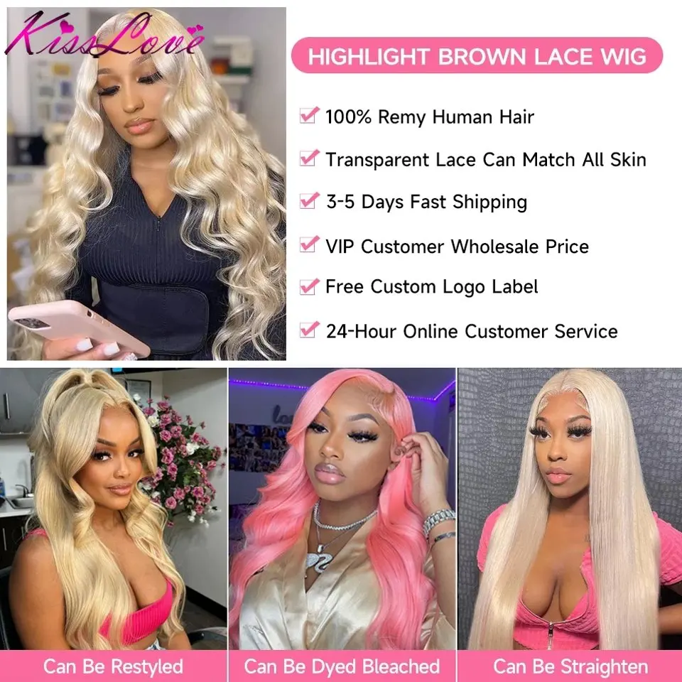 Blonde 613 150 Density  Human Hair Frontal Blonde Colored 20 36 Inch Body Waves Glue-Free Waves Wig 13x4 HD Lace Wig