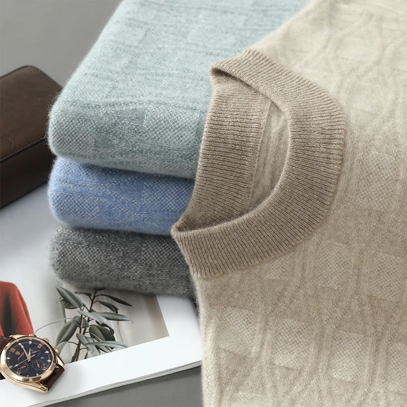 

Зимний мужской свободный мягкий пуловер с круглым вырезом в тон, свитер для отдыха, трикотажная нижняя рубашка из 100% шерсти