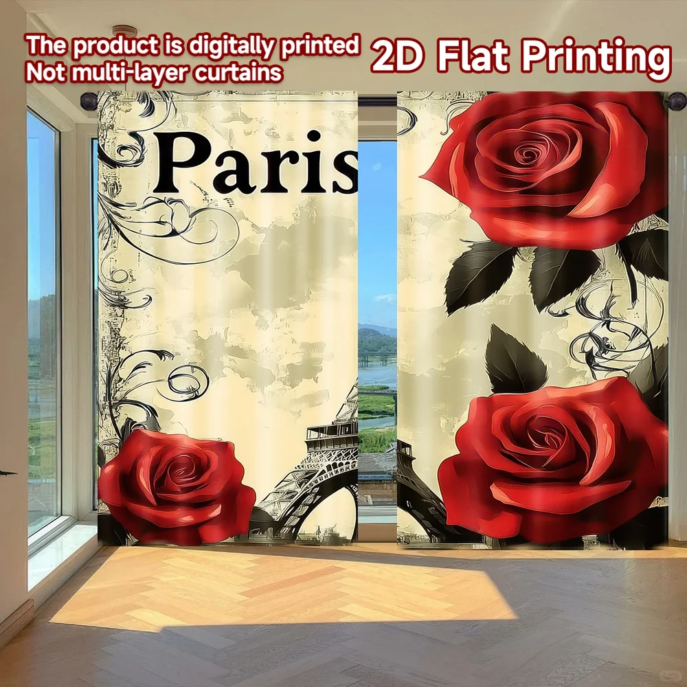 

2D flat printing 2pcs Window Curtains Paris Eiffel Tower Roses(1) Digital Printed Polyester Drapes Festive Curtains Perfect for