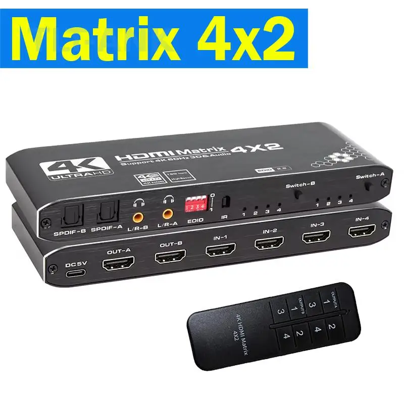 4K@60Hz HDMI Matrix Switch 4X2 Matrix HDMI Video Switcher with Splitter + Optical + 3.5mm Stereo Audio Extractor HDR HDCP2.2