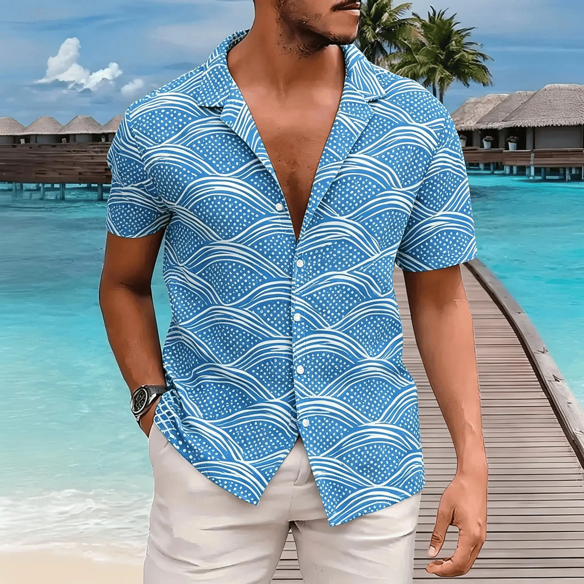 

Men's Blue White Wave Pattern Short Sleeve Shirt, Ocean Style for Summer, Beach Vacation Casual Wear for Men