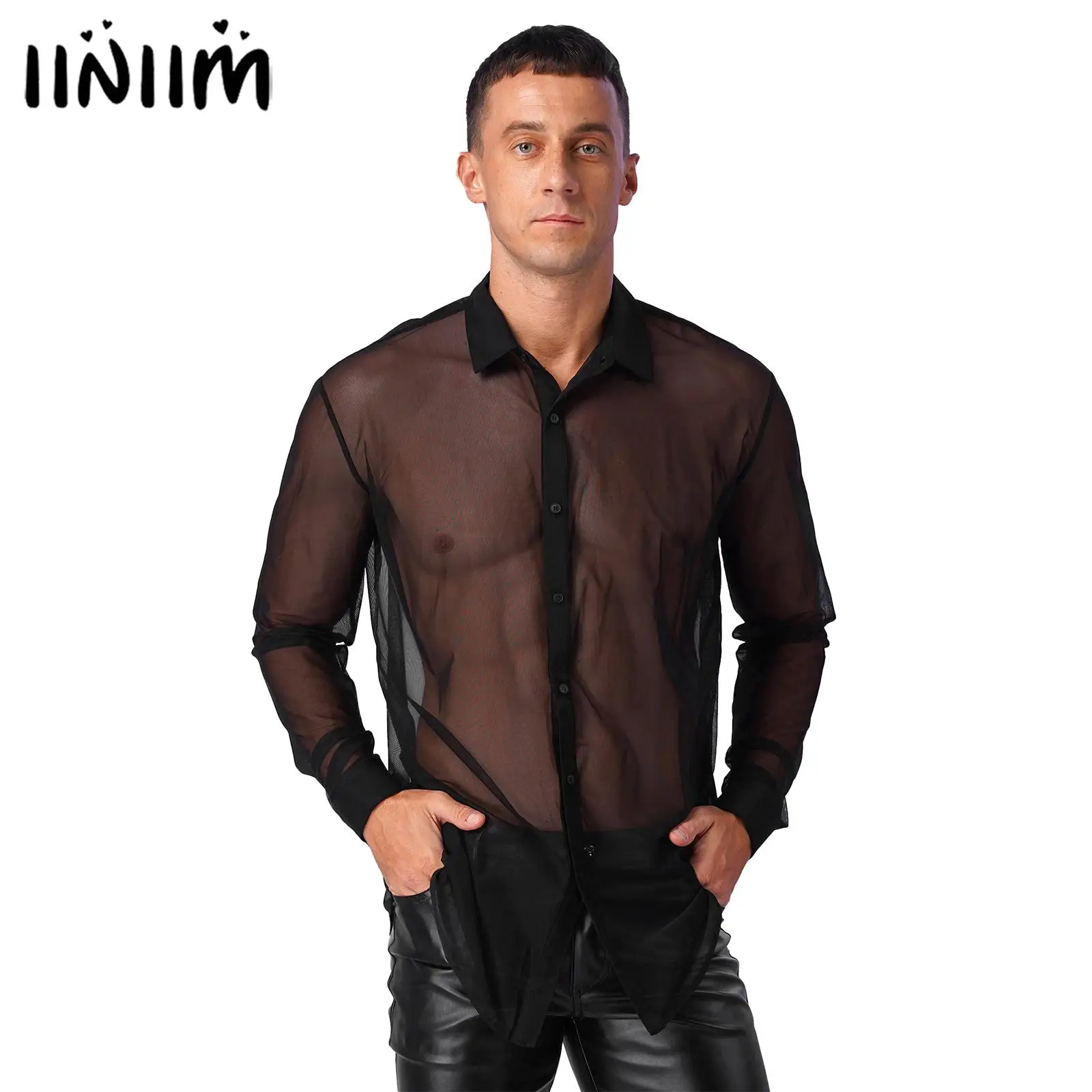 Mens Fashionable T-Shirts Tops See Through Mesh Long Sleeve ith button closure Tops Clubwear Soft Turn-down Collar Top Shirt