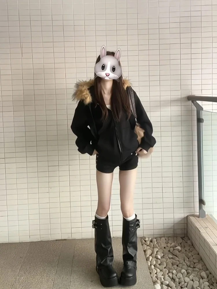 American high street feminino fce forrado jaet colarinho casaco solto casual versátil outono inverno 2024 novo sle casal hoodie