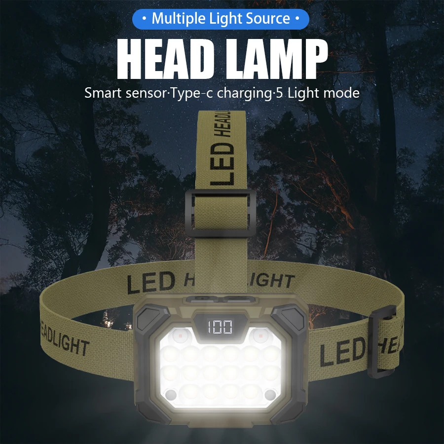 High Power LED Headlamp USB Rechargeable Sensor Head Flashlight with Power Display Waterproof Headlight for Outdoor Camping
