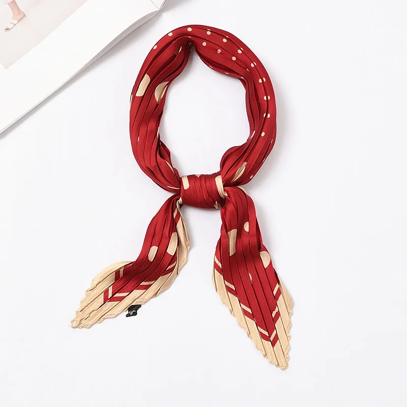 Women Pleated Silk Neck Scarf Fashion Print Pattern Small Bandana Female Headwear Crinkle Travel Neckwear