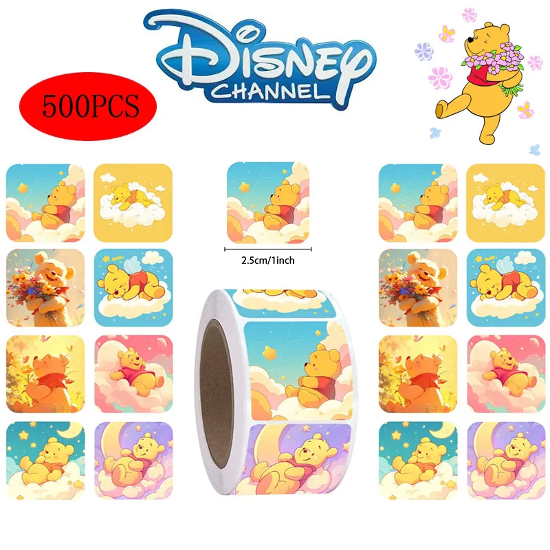 Pegatinas de Winnie The Pooh para decoración de niños, piezas de dibujos animados Kawaii, imagen de figura de Anime, sobre de recompensa, sellado de tazas, 500