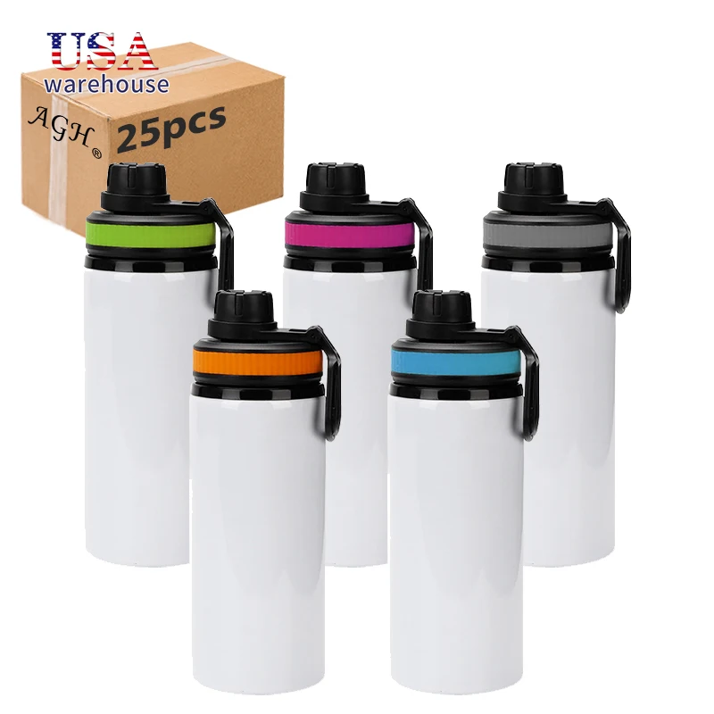 

25pcs Mixed Colors 20oz 600ml Aluminum Sublimation Blank Outdoor Sport Water Bottle With Portable Lid Hu