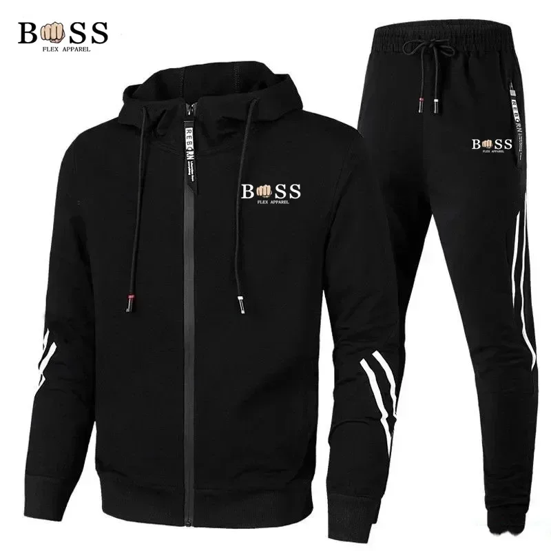 Conjunto de 2 piezas para hombre, Sudadera con capucha y cremallera, pantalones deportivos de marca de moda, ropa deportiva informal para Fitness y