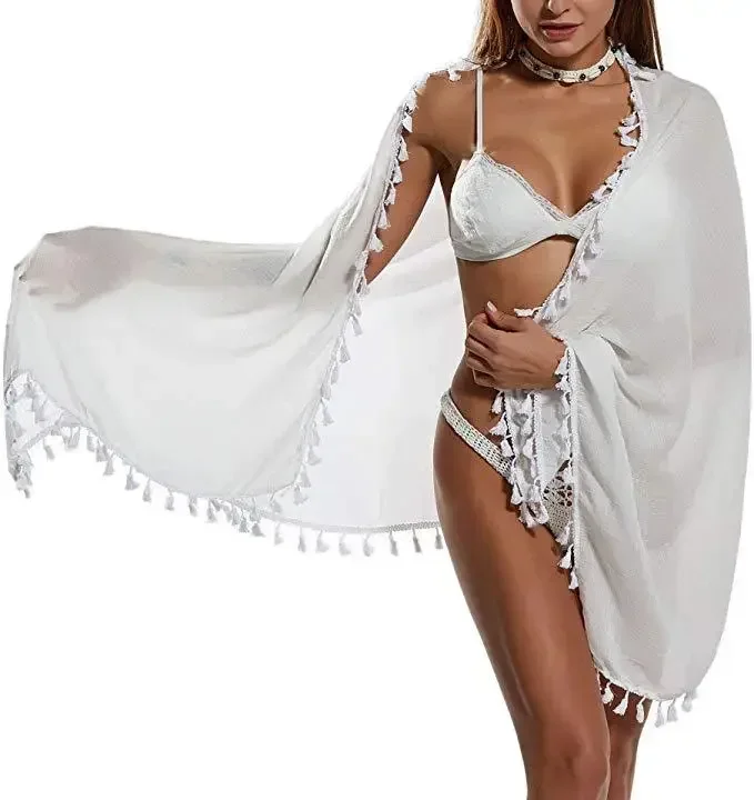 Beach Skirt Women's One-piece Irregular Multi-function Shawl Bikini Blouse Fringe Splicing Seaside Holiday Sun Protection White