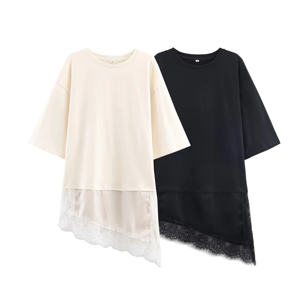 

Winter new women's slim fit straight tube round neck short sleeved shirt with asymmetrical hem and lace stitching T-shirt