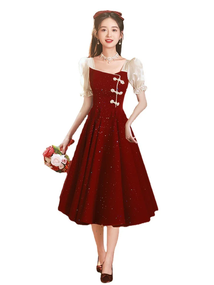 Elegant Woman Chinese Traditional Res Dress Vintage Princess Dress for Part Oriental Wine Red Cheongsam Bride Wedding Qipao