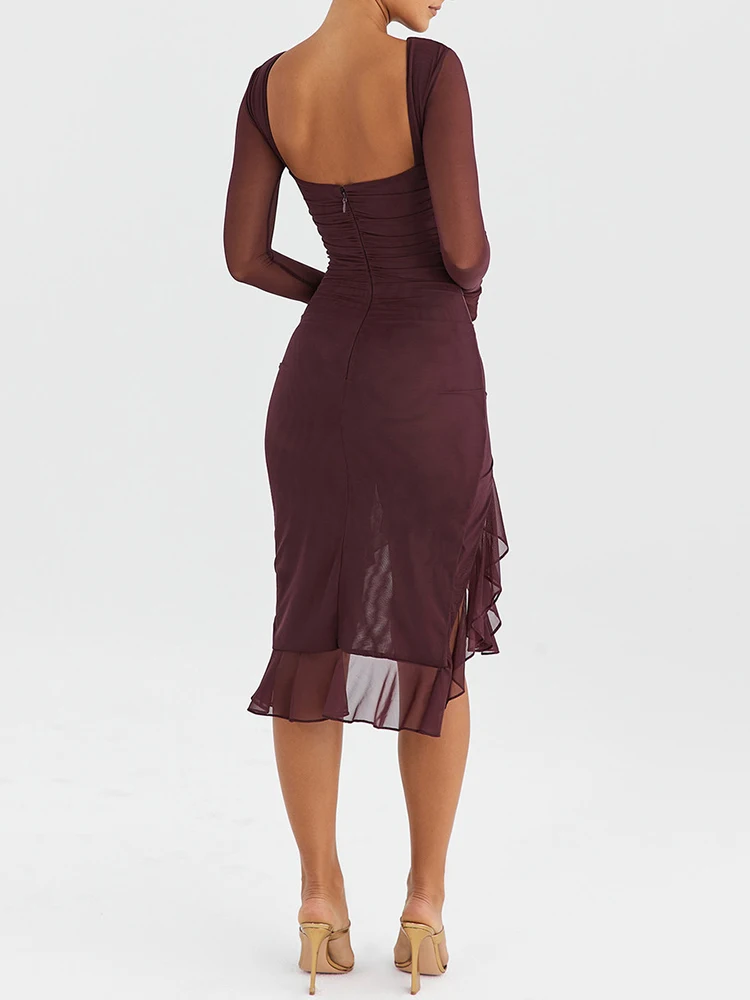 New Elegant Ruffle Ruched Midi Dress for Women Robe Sheer Long Sleeve Backless Irregular Club Party Sexy Dress Vestido