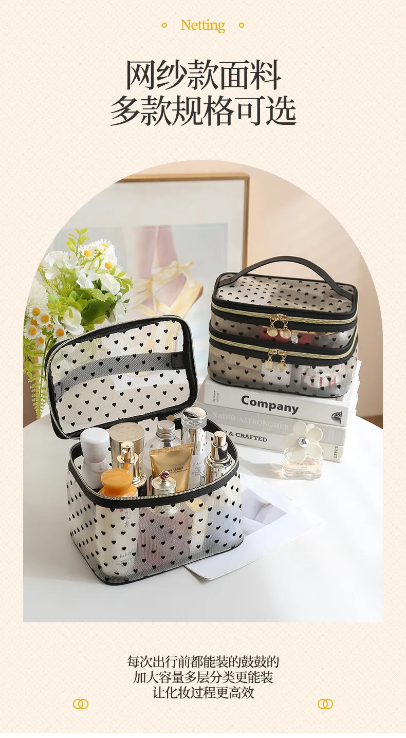 Doppelschichtige schwarze Mesh-Kosmetiktasche für Reisen, tragbar, großes Fassungsvermögen, Make-up-Koffer, Organizer, Aufbewahrungstasche, Kulturbeutel mit Reißverschluss – Detail 2